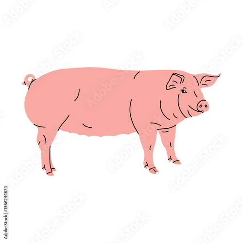 Cute flat pig illustration – cartoon farm animal vector. Vector image of a smiling pink pig in a flat cartoon style. Kids' materials, posters, stickers, web design, and nursery art,  farm-themed.