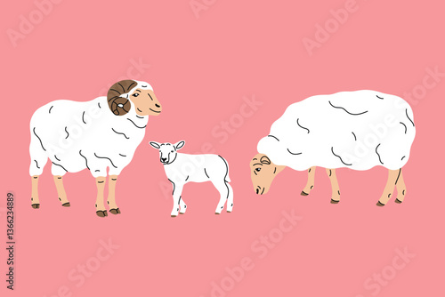 Flat style vector illustration of a ram, sheep, and lamb. Simple cartoon design colorful background. Children’s books, farm projects, spring designs, sticker, icon, rural animals, domestic livestock. 