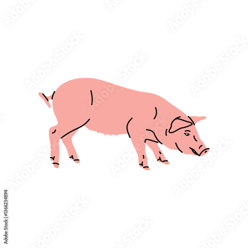 Vector piglet illustration in flat cartoon style. Cute baby farm animal with minimal clean design on a white background. Children’s products, farm themes, print, icon, sticker,  pink piggy, domestic