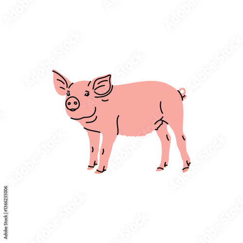 Flat style vector illustration of a piglet. Simple cute cartoon design on a white background. Children’s projects, farm themes, clean minimal style, sticker, icon, spring domestic animals, pink piggy 