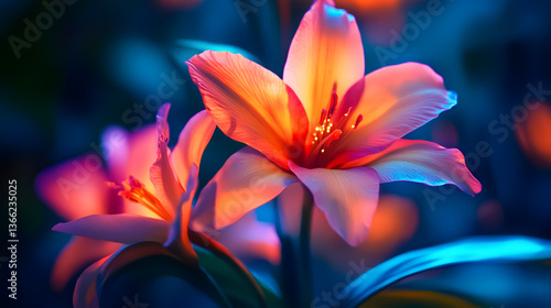 A close-up of a pink and orange flower with a blue background