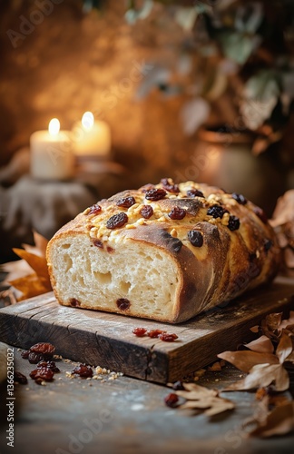 Baked Bread With Dried Fruits on a Rustic Wooden Board in a Cozy Setting