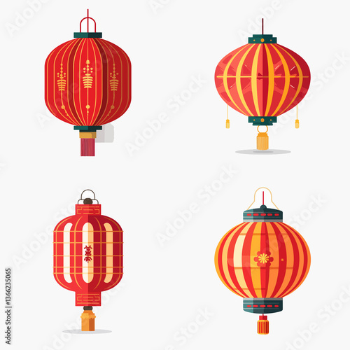 Four different colored lanterns with a red and yellow design