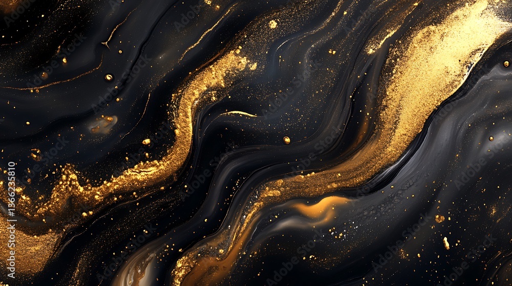 Abstract black and golden fluid art with textured details and shimmering effect creating a luxurious background.