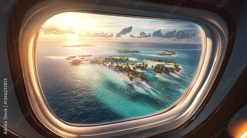 Naklejka premium Stunning Aerial View Tropical Island Paradise Exotic Beach Luxury Resort Ocean Sunset Airplane Window View Idyllic Seascape Breathtaking Scenery 