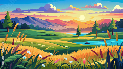 Beautiful summer colorful rustic pastoral landscape panorama. Tall flowering grass on green meadow at sunrise or sunset with beautiful announcement against blue 