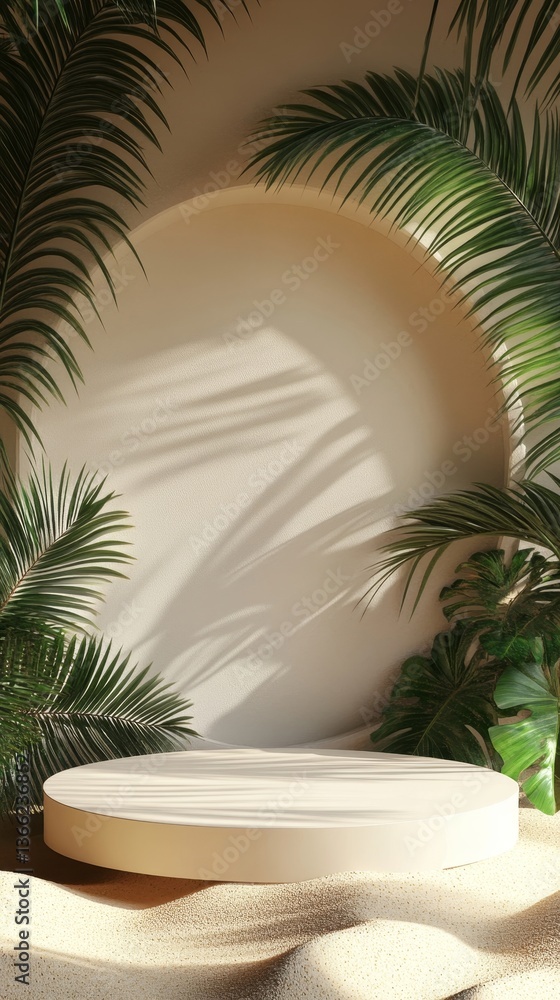 White round podium on the sand with palm leaves and tree branch background. Ready for product display or montage. High quality photo White round podium on the sand with palm leaves and tree branch background. Ready for product display or montage. High quality photo