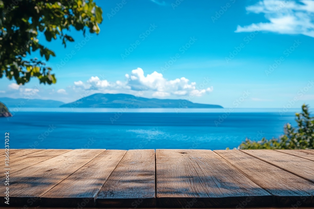 Fototapeta premium Stunning Ocean View Wooden Deck Summer Seascape Idyllic Coastal Calm Blue Horizon Tranquil Island Peaceful Nature Scene Serene Vacation Relaxation