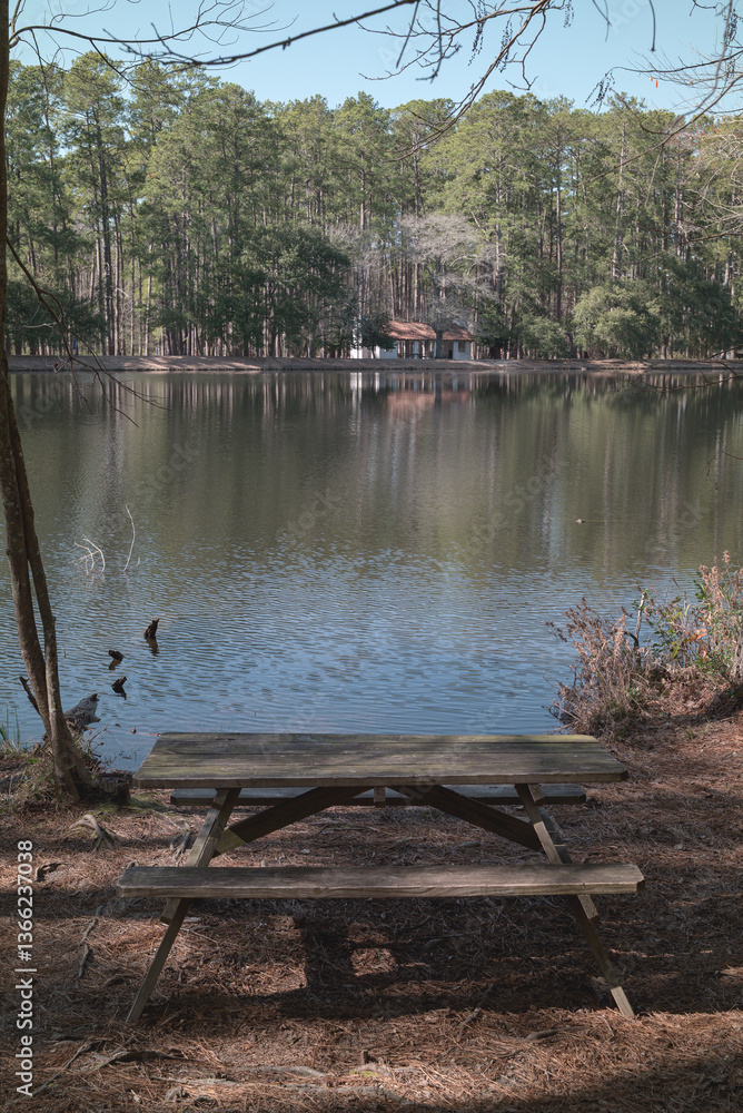 Fototapeta premium Tranquil view of lake with picnic table in the foreground