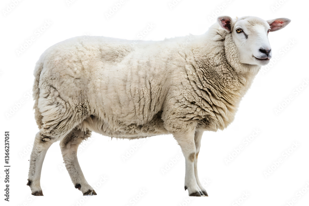 Obraz premium Single White Sheep Standing, Sheep Breed Photography, Farm Animal Sheep Image, White Woolly Sheep, Domestic Sheep Standing, Livestock Sheep Photo, Single Farm Animal Sheep, White Sheep Close Up.