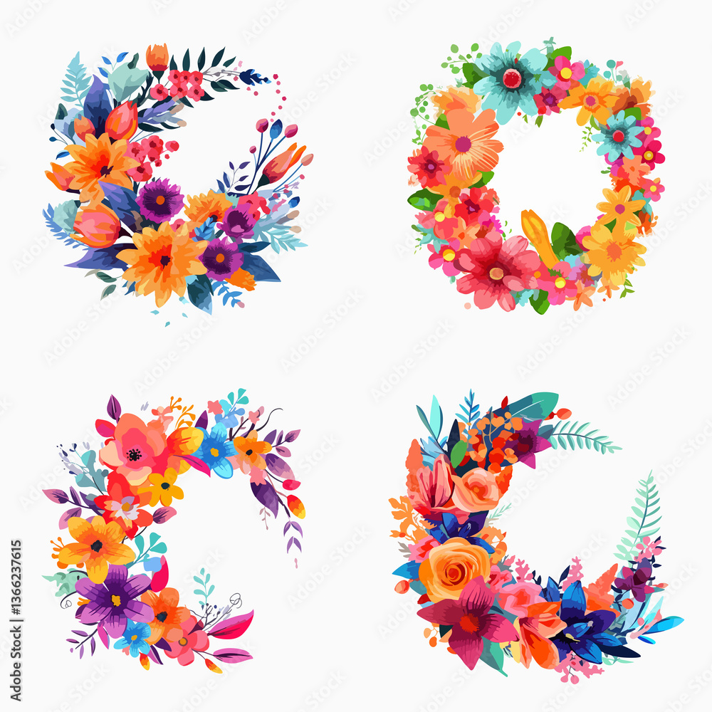 A set of four flower wreaths with different colors and designs A set of four flower wreaths with different colors and designs