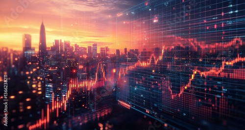 City Skyline at Sunset With Digital Stock Market Data Visualization in the Fo...