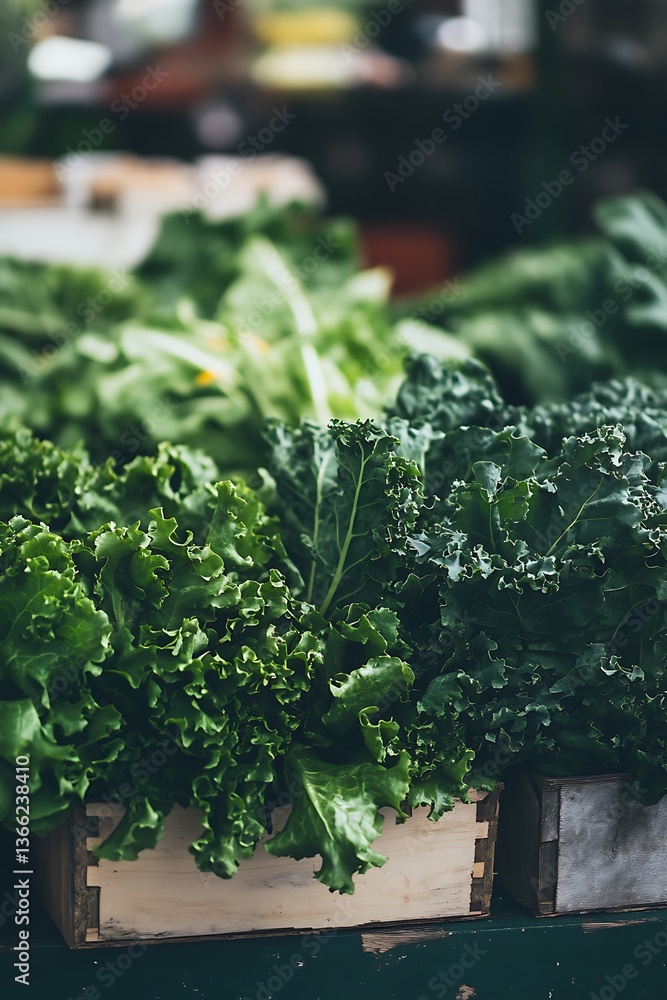 Fototapeta premium Close-up of fresh green leafy vegetables in wooden crates