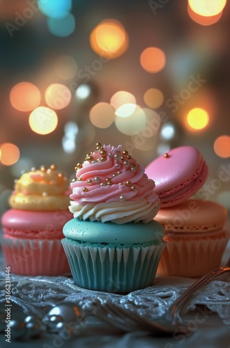 Colorful Macarons and Cupcakes Displayed With Warm Lights for a Festive Celeb...