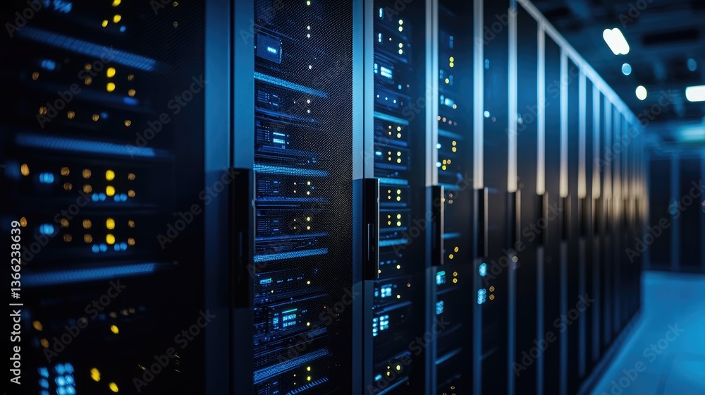 Advanced data center interior with rows of high-tech black server cabinets illuminated by cool blue lighting, ideal for illustrating cloud services, network infrastructure, or cybersecurity Advanced data center interior with rows of high-tech black server cabinets illuminated by cool blue lighting, ideal for illustrating cloud services, network infrastructure, or cybersecurity