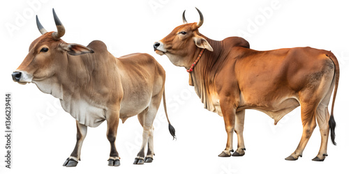 Two Indian Cows with Horns, Brown Indian Cow and Tan Indian Cow, Cattle Breed Illustration, Indian Cow Image, Zebu Cattle Photography, Bovine Animals of India, Farm Animal Cows, Domestic Indian Cattle