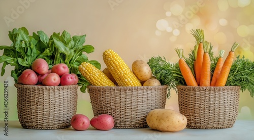 Freshly Harvested Vegetables in Decorative Woven Baskets With Colorful Backdrop