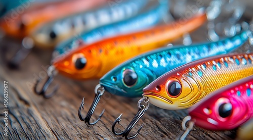 Fishing Lures in Vibrant Colors Displayed on Wooden Surface During Daytime