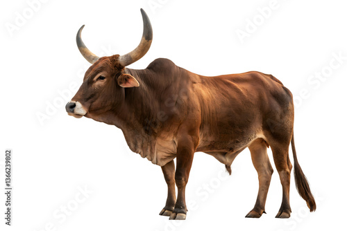 Brown Indian Bull with Horns, Single Zebu Bull Image, Indian Cattle Breed, Bovine Animal of India, Farm Bull Photography, Domestic Indian Cattle, Asian Bull Breed, Indian Livestock Photo, Brown.