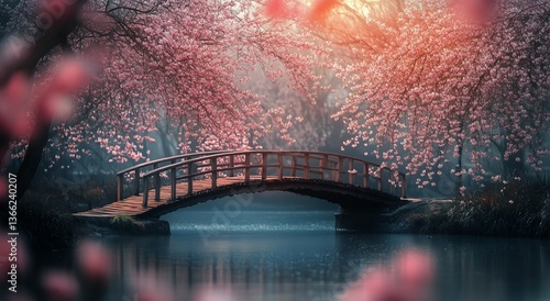 Cherry Blossoms Surround a Tranquil Bridge at Dawn in a Serene Landscape