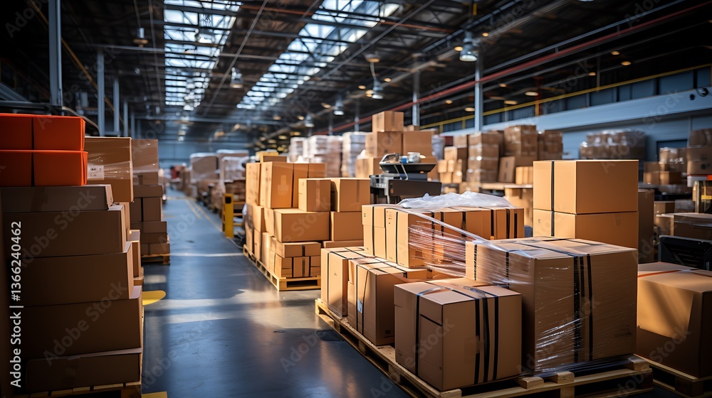 Warehouse Interior: Rows of Cardboard Boxes in a Large Industrial Facility Warehouse Interior: Rows of Cardboard Boxes in a Large Industrial Facility