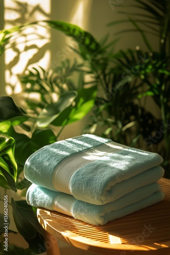 Soft Blue Towels Neatly Stacked on a Wooden Table in a Bright, Tranquil Indoo...
