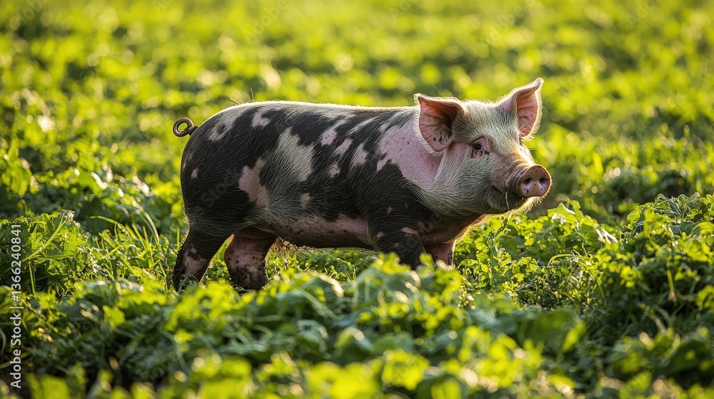 Fototapeta premium A Berkshire pig strolls through lush grass in a sunny, serene field