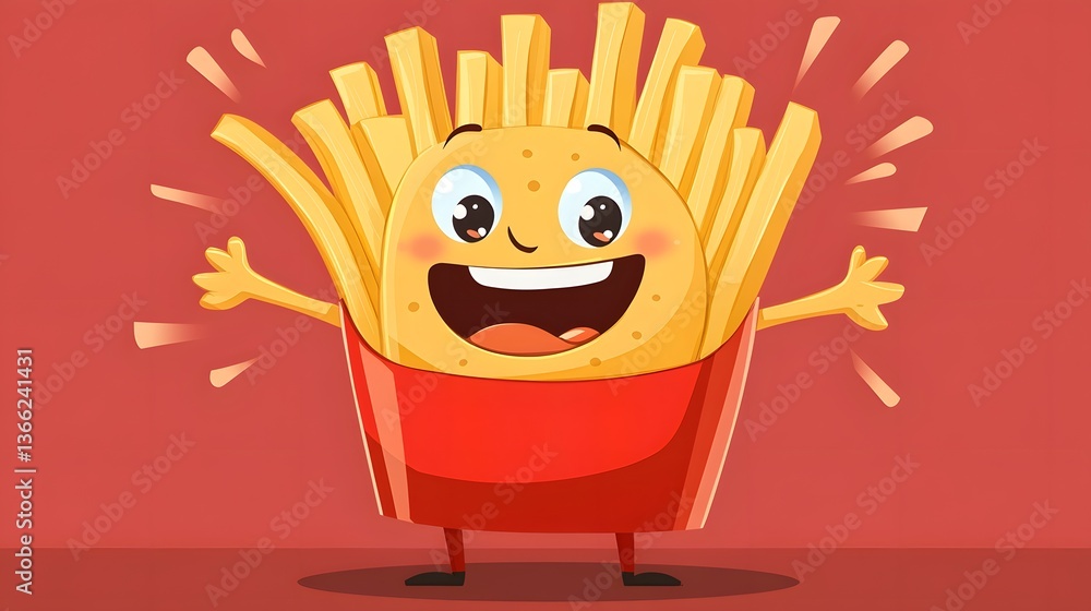 Illustration of a Fun French Fries Character Holding a Fried Snack in a Groovy Style Illustration of a Fun French Fries Character Holding a Fried Snack in a Groovy Style