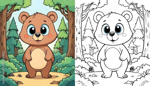 Fototapeta Naklejka Na Ścianę i Meble -  Cute bear coloring page for kids printable free download cartoon animal forest woodland activity fun drawing