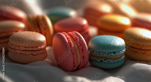 Colorful Macarons Arranged on a Soft Surface, Showcasing Delightful Pastel Hu...
