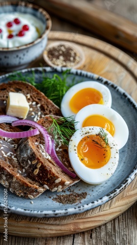 Colorful Swedish breakfast featuring herring, eggs, dark bread, and dairy products served on a rustic wooden table