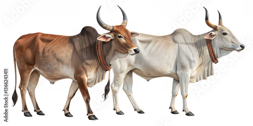 Two Indian Bulls with Horns, Brown Indian Bull and White Indian Bull, Cattle Breed Illustration, Indian Cow Image, Zebu Cattle Photography, Bovine Animals of India, Farm Animal Bulls.