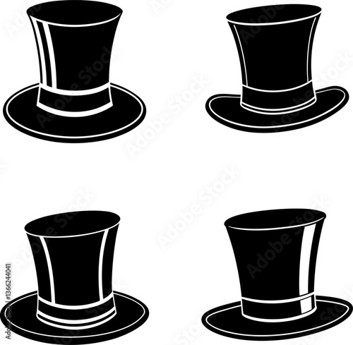 Top hat vectors collection black and white, Vector of hat set design