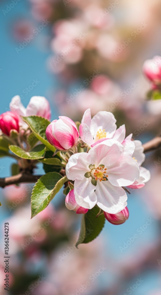 Obraz premium Apple tree in blossom. Close-up of pink and white flowers, delicate yellow-green leaves