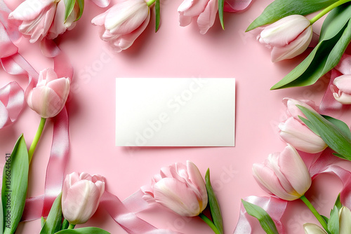 Pink tulips framing a blank card on pastel background  
