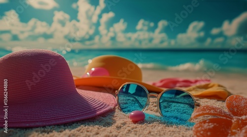 Colorful Hats and Sunglasses on Sandy Beach With Turquoise Water in Summer