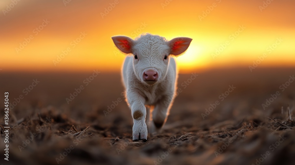 Fototapeta premium A newborn calf strolls at sunset. Golden hour light bathes the young animal. Innocent, countryside charm