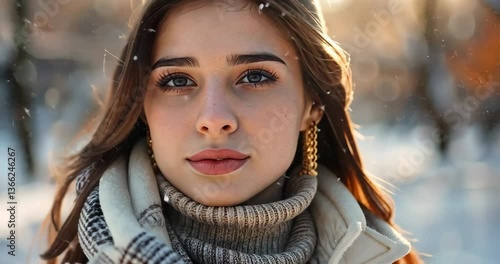 Winter outdoor portrait of a young woman with long hair in a snowy landscape near golden trees