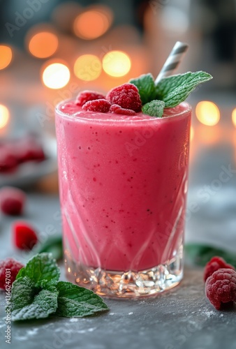 Refreshing Raspberry Smoothie Garnished With Mint Leaves on a Marble Table at...