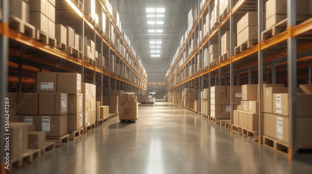 Vast warehouse interior with rows of high shelves stocked with numerous boxes, reflecting an organized distribution or storage center. Vast warehouse interior with rows of high shelves stocked with numerous boxes, reflecting an organized distribution or storage center.