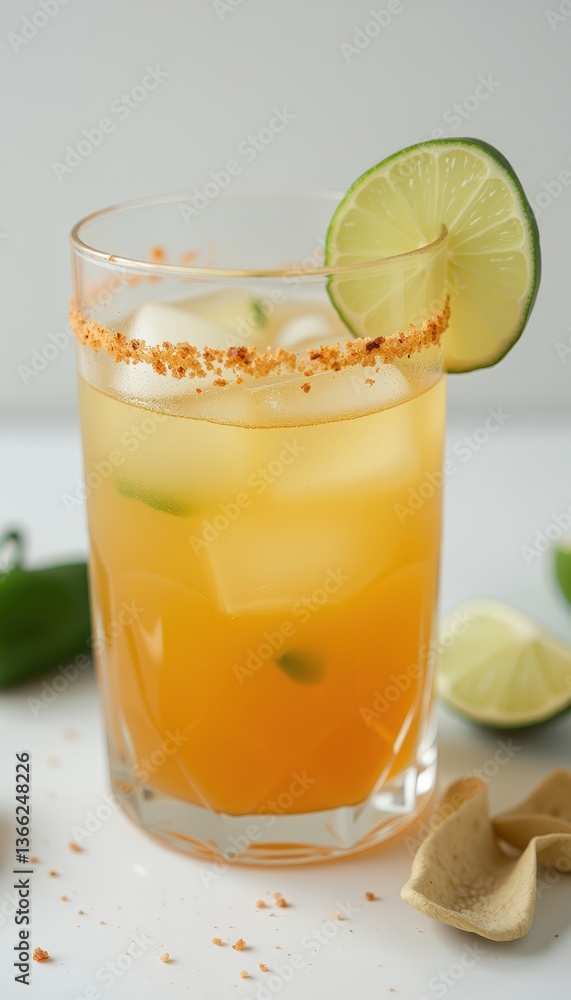 Fototapeta premium Refreshing cocktail with lime slice and garnish on a light background