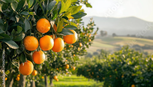 Golden Orange Orchard Ripe Citrus Fruits on Trees at Sunset