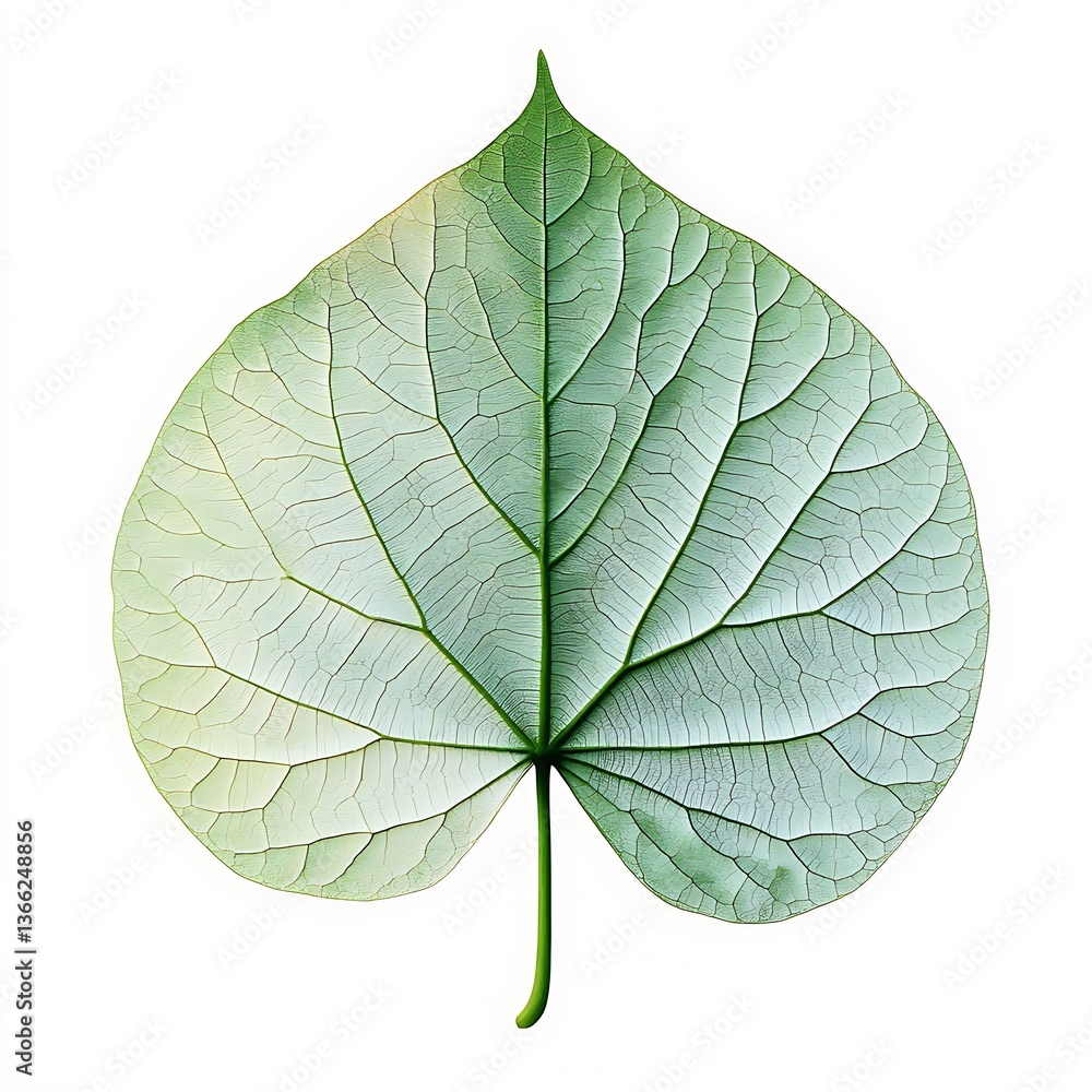 Obraz premium The image shows a broad heart shaped leaf with a pointed tip. The leaf has a light green color, with a network of veins visible across its surface