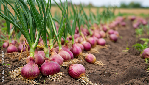 Rows of Red Onions Growing in a Farm Field