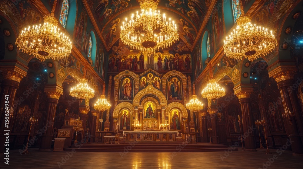 Obraz premium Inside a beautifully ornate Orthodox church glowing chandeliers intricate frescoes of saints covering the ceiling golden altar icons deep sense of tradition and reverence