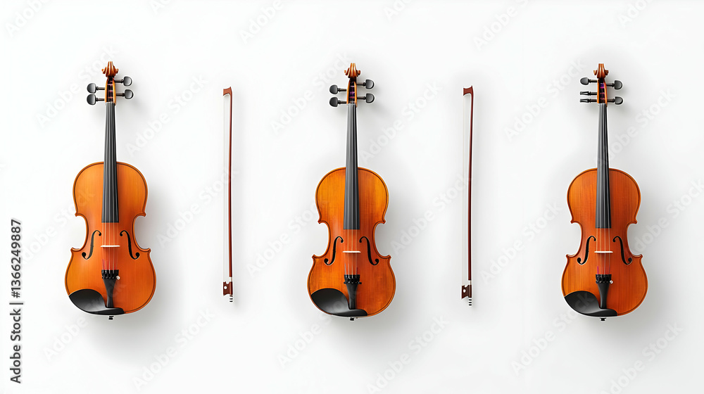 Fototapeta premium Four Violins And Bows On White Background