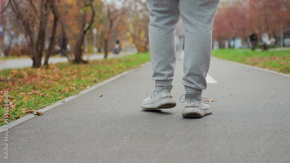 Leg view of man walking on tarred road covered with scattered autumn leaves swaying in wind while someone approaches from opposite direction surrounded by trees Leg view of man walking on tarred road covered with scattered autumn leaves swaying in wind while someone approaches from opposite direction surrounded by trees