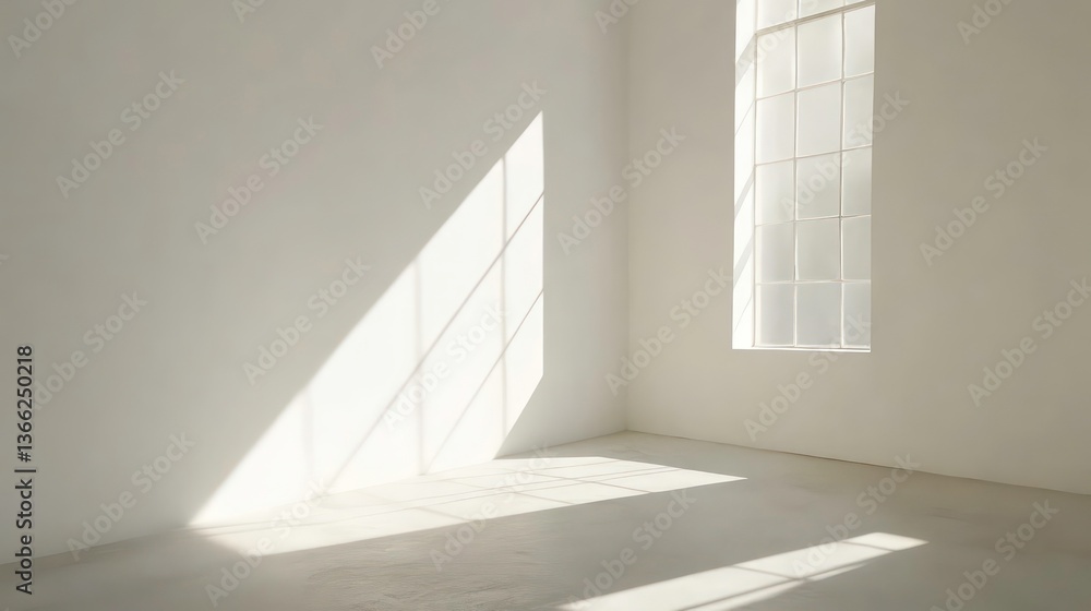 Obraz premium Empty room with bright sunlight casting shadows on white walls. Window in corner provides soft light. Versatile studio space ideal for product presentation. Minimalist design. Modern interior setting.