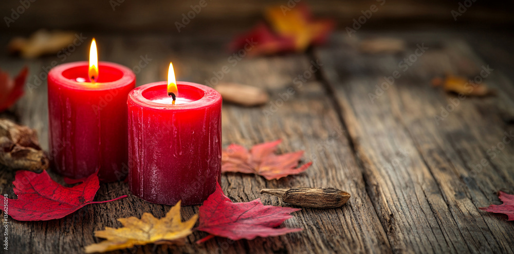 Autumn Still Life Burning Red Candles with Fall Leaves on Rustic Wood Autumn Still Life Burning Red Candles with Fall Leaves on Rustic Wood
