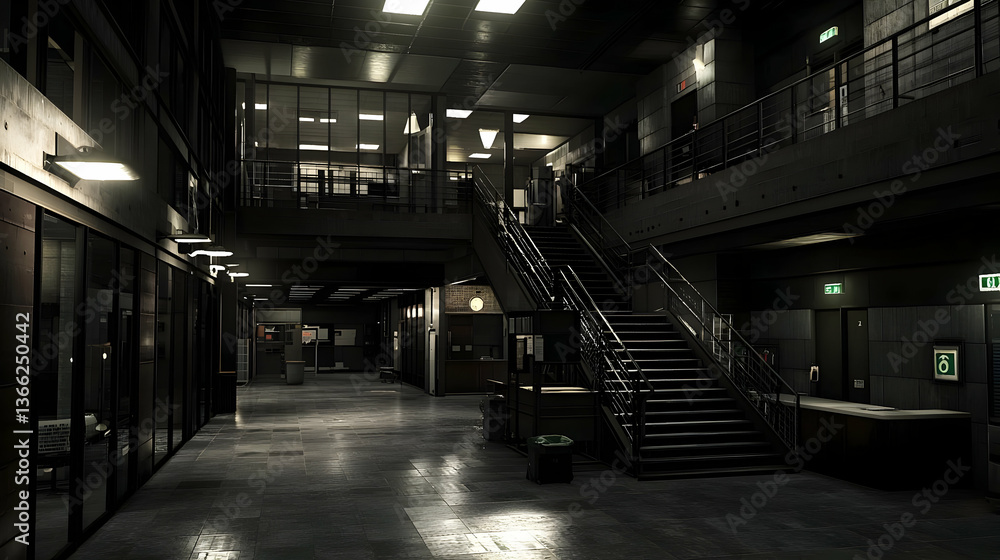 Obraz premium Dark Interior With Hallway Staircase and Open Office Spaces in a Modern Industrial Building